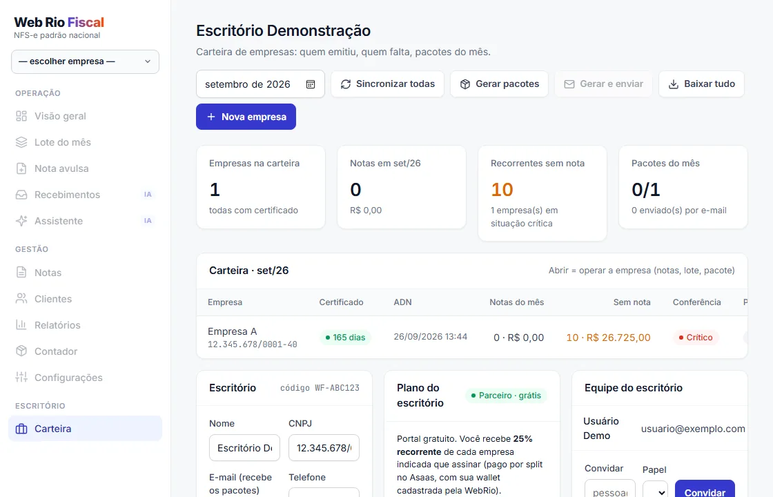 Portal do escritório: carteira de empresas com certificado, notas do mês, conferência e pacote
