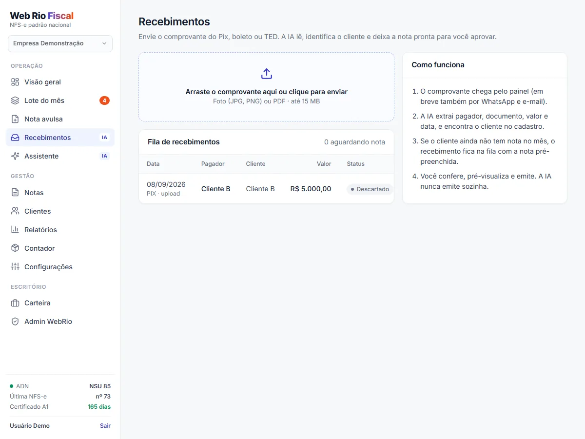 Tela de recebimentos: comprovante lido pela IA com cliente identificado